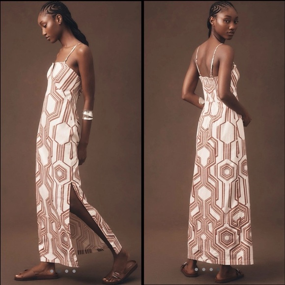 By Anthropologie Strapless Linen Plunge-neck MIDI Dress Size 14 NWT BROWN motif - Picture 1 of 17